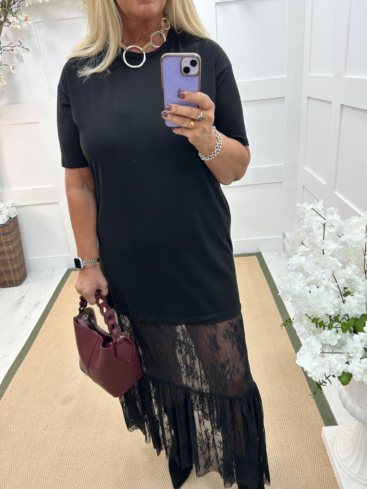 Celeste: Black lace maxi dress. One size: 14-18