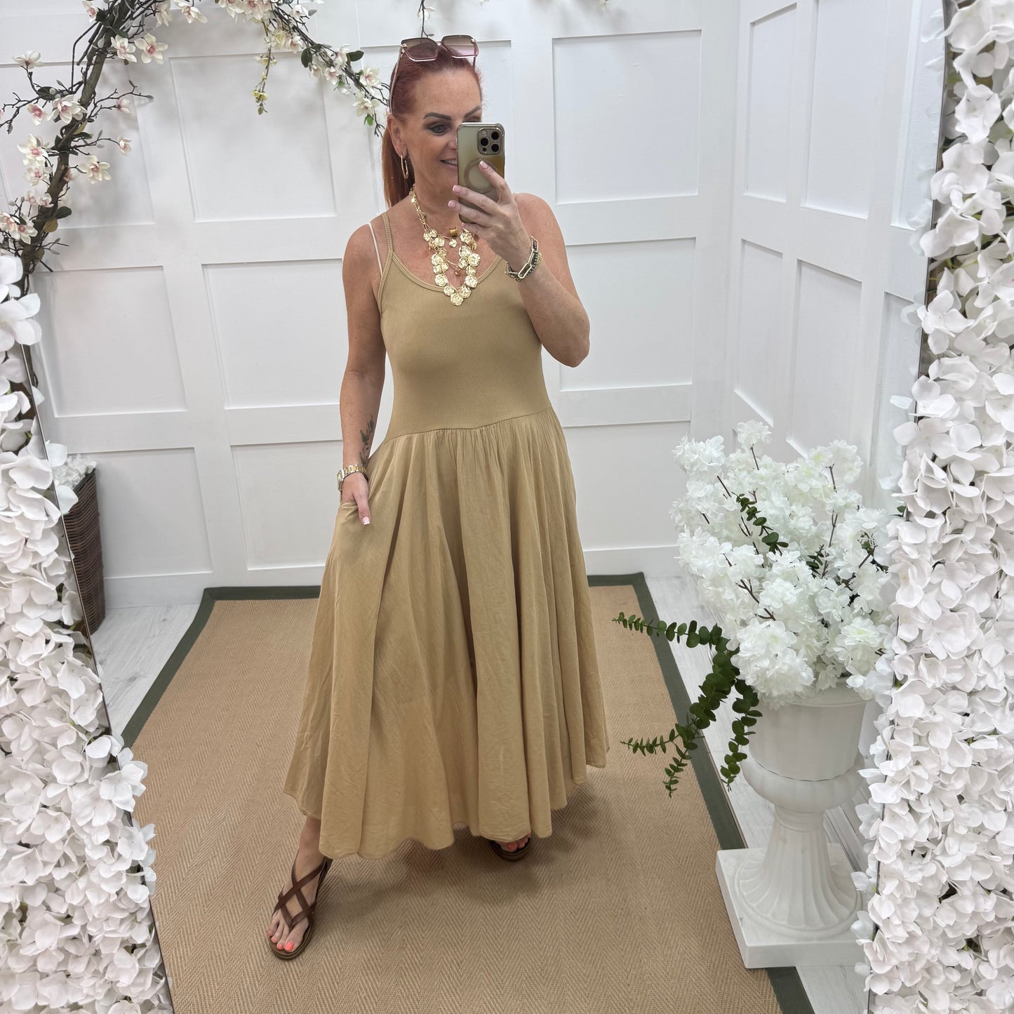 Lizbeth: Sand cotton pocket midi dress. One size: 10-16