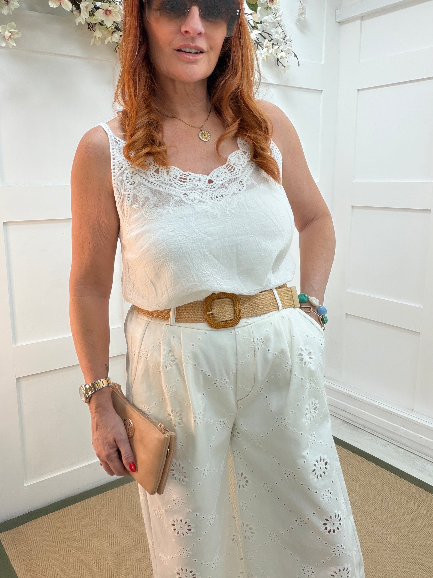 Jolie: White Broderie Anglaise wide leg belted trousers. One size: 12-16