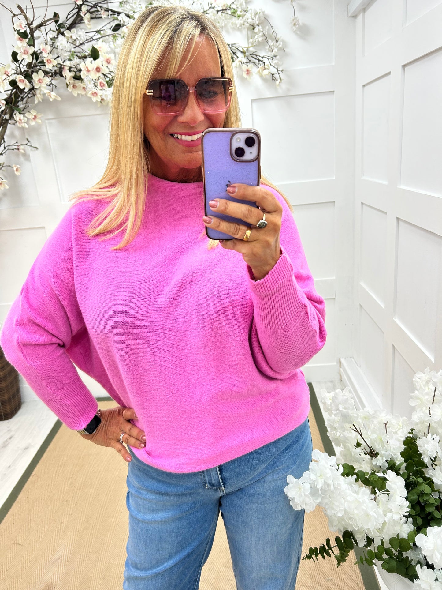Sammi: Pink batwing knitted top. One size: 12-18/20