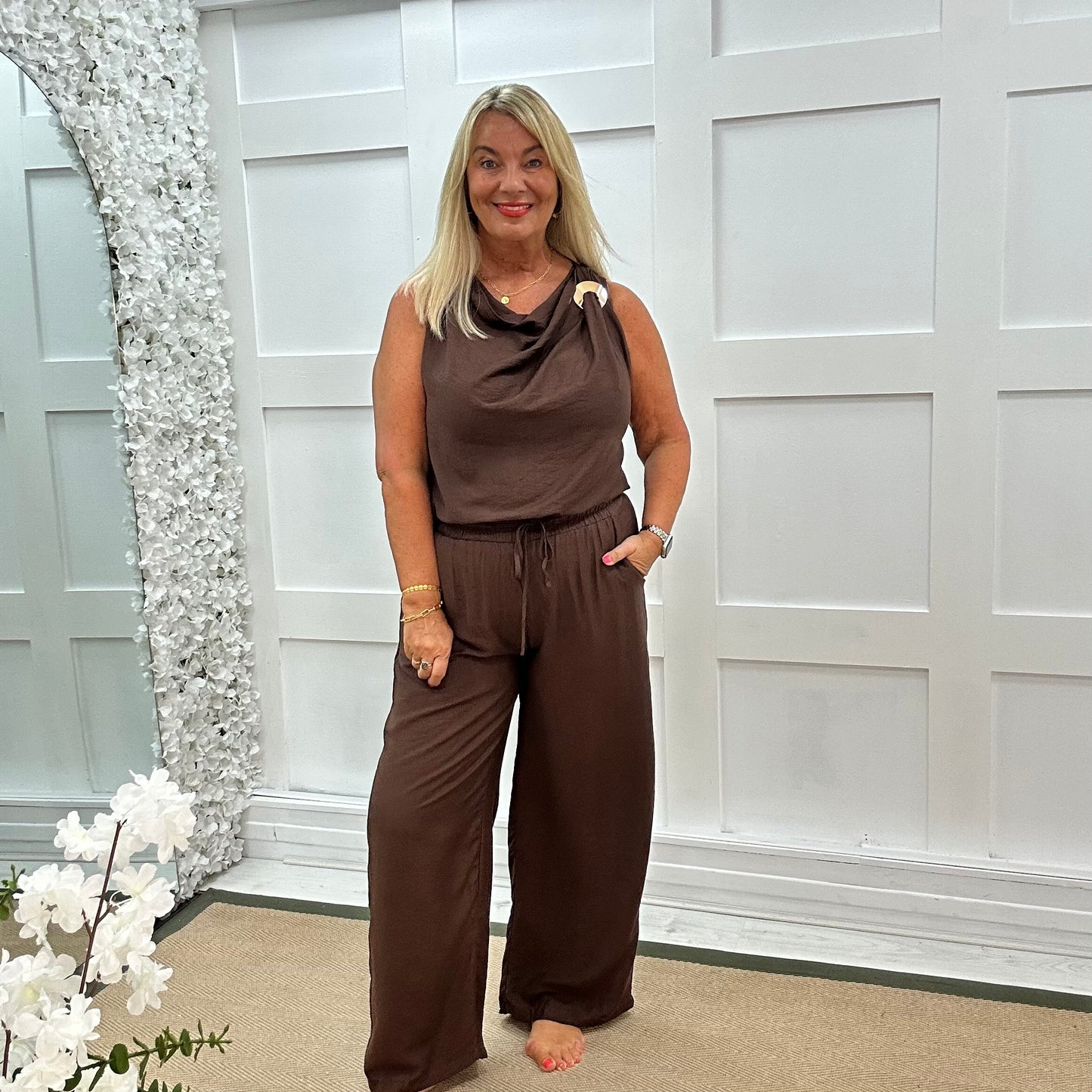 Melissa: Brown cowl neck top & trouser co-ord set. One size: 12-18