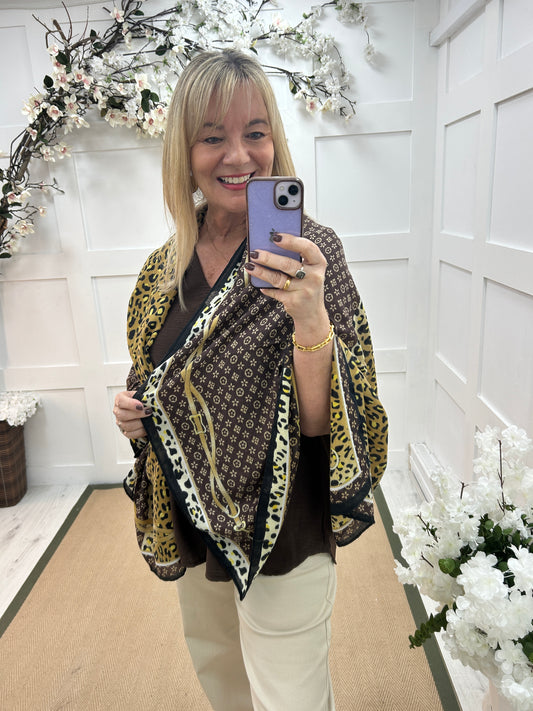 Liza: Brown leopard print designer inspired scarf. One size