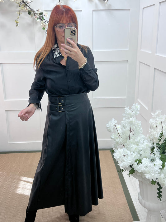 Raine: Black faux leather belted asymmetric skirt. One size: 12-16