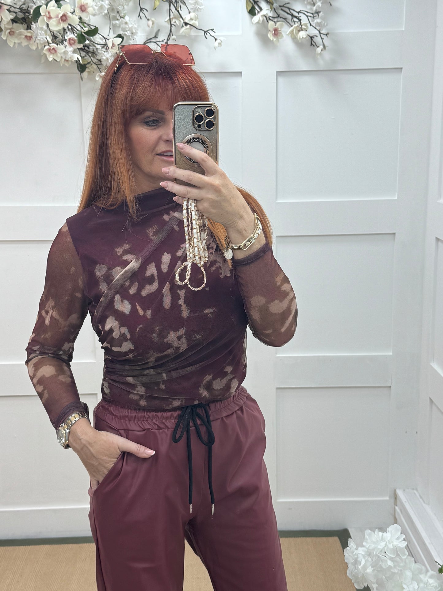 Maya: Burgundy pattern ruched mesh top. One Sz: 12-18