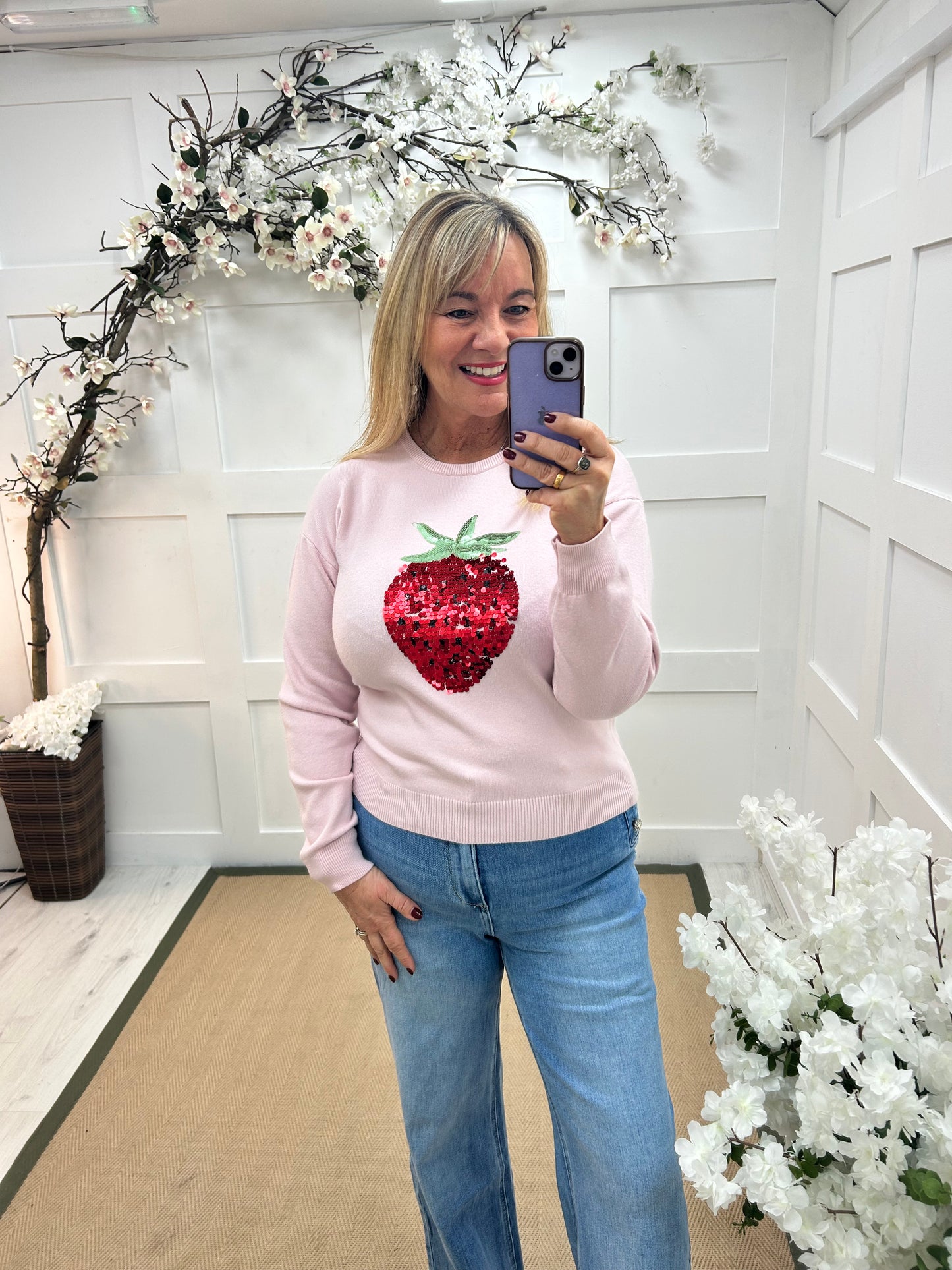 Ruby: Pink strawberry sequin embroidered knitted top. Two sizes.