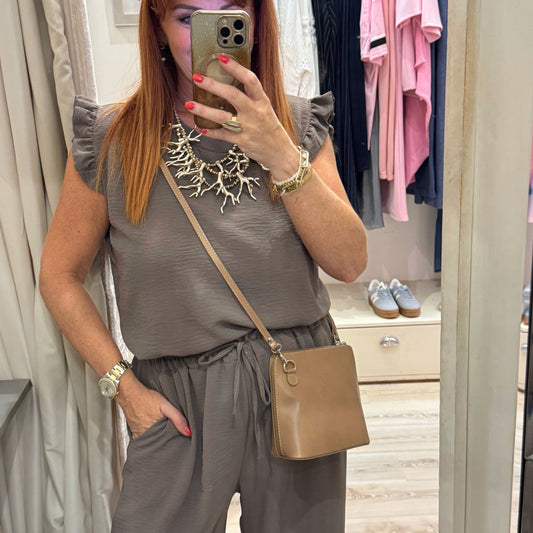 Thea: Taupe leather cross body/clutch bag.