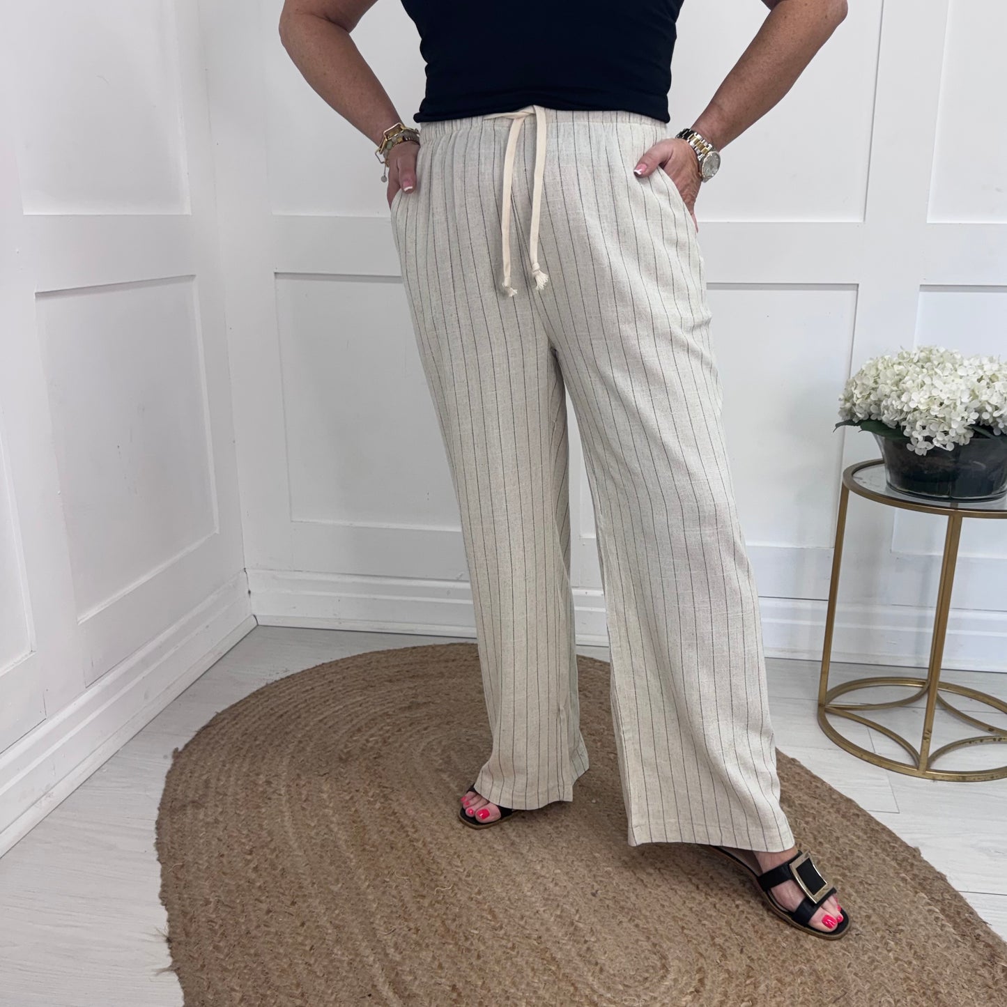 Cindy: Cream pin stripe wide leg trousers. 3 sizes
