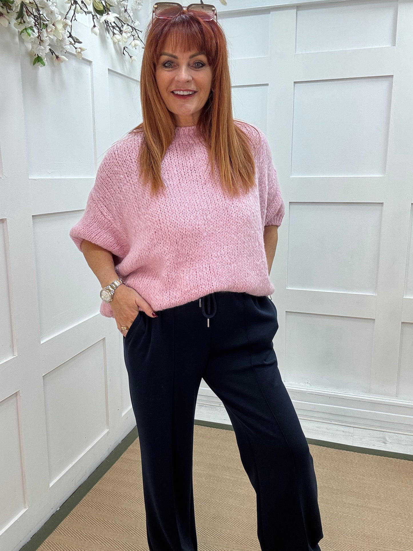 Trudy (Short): Navy stretchy wide leg pocket trousers. One size 10-16