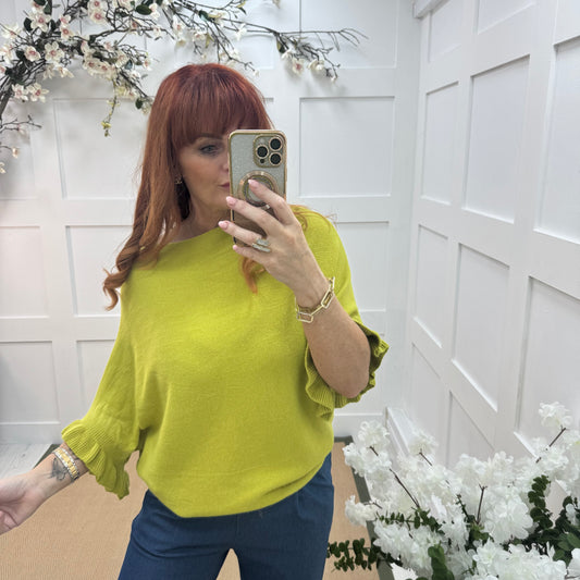 Sierra: Lime batwing fluted sleeve knitted top. One Size 12-18/20