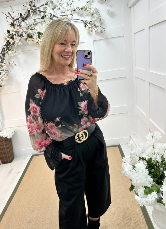 Sybil: Black floral bardot top. One size 12-16
