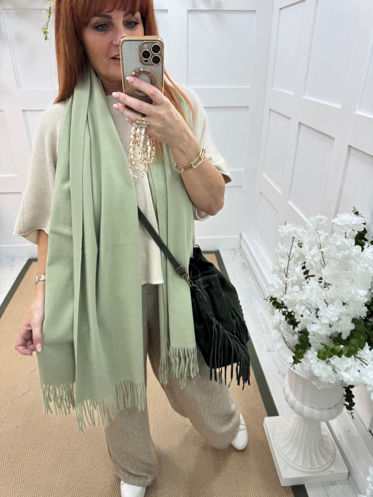 Indra: Plain green soft feel tassel scarf