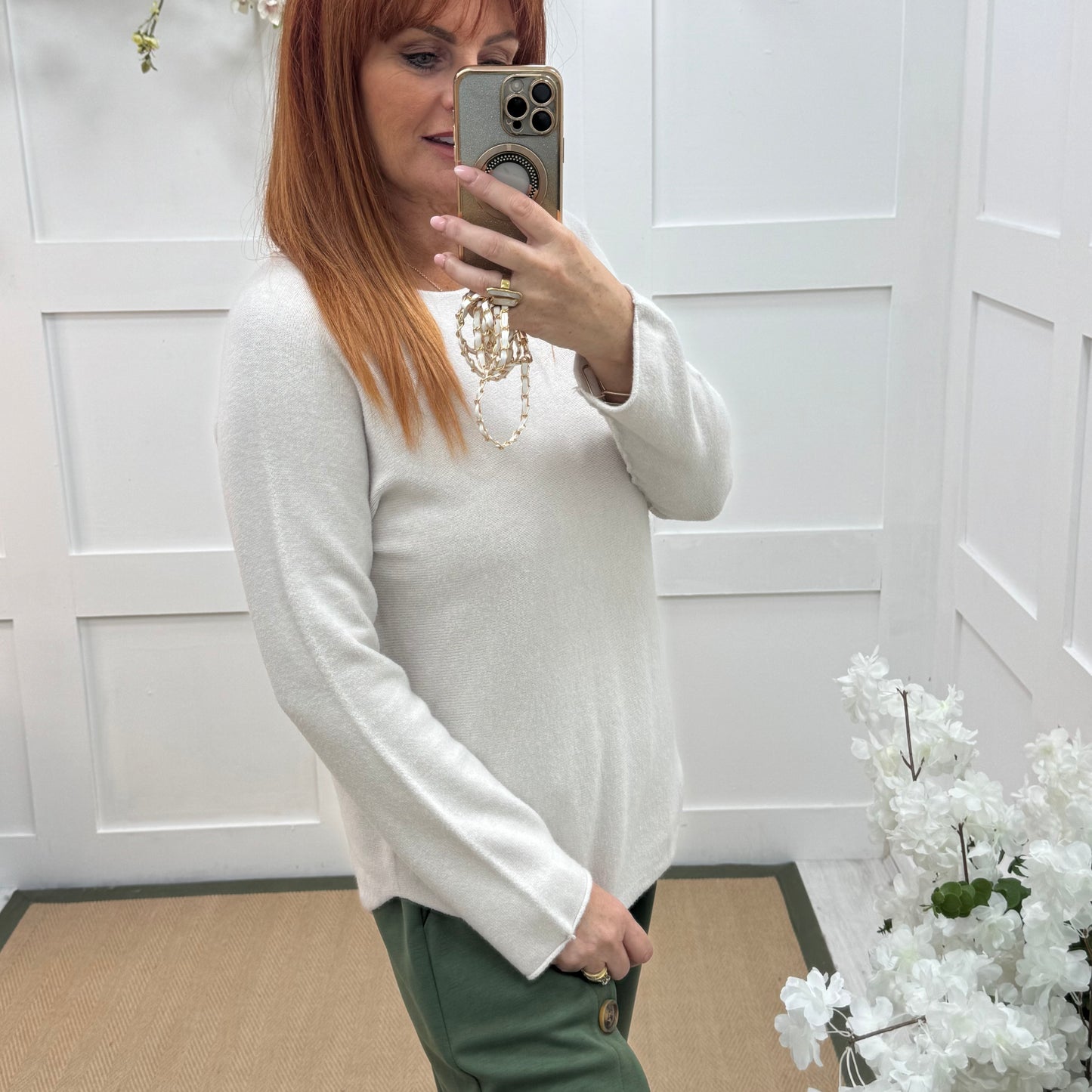 Mindy: Cream plain long sleeve knit top. One size: 10-16/18