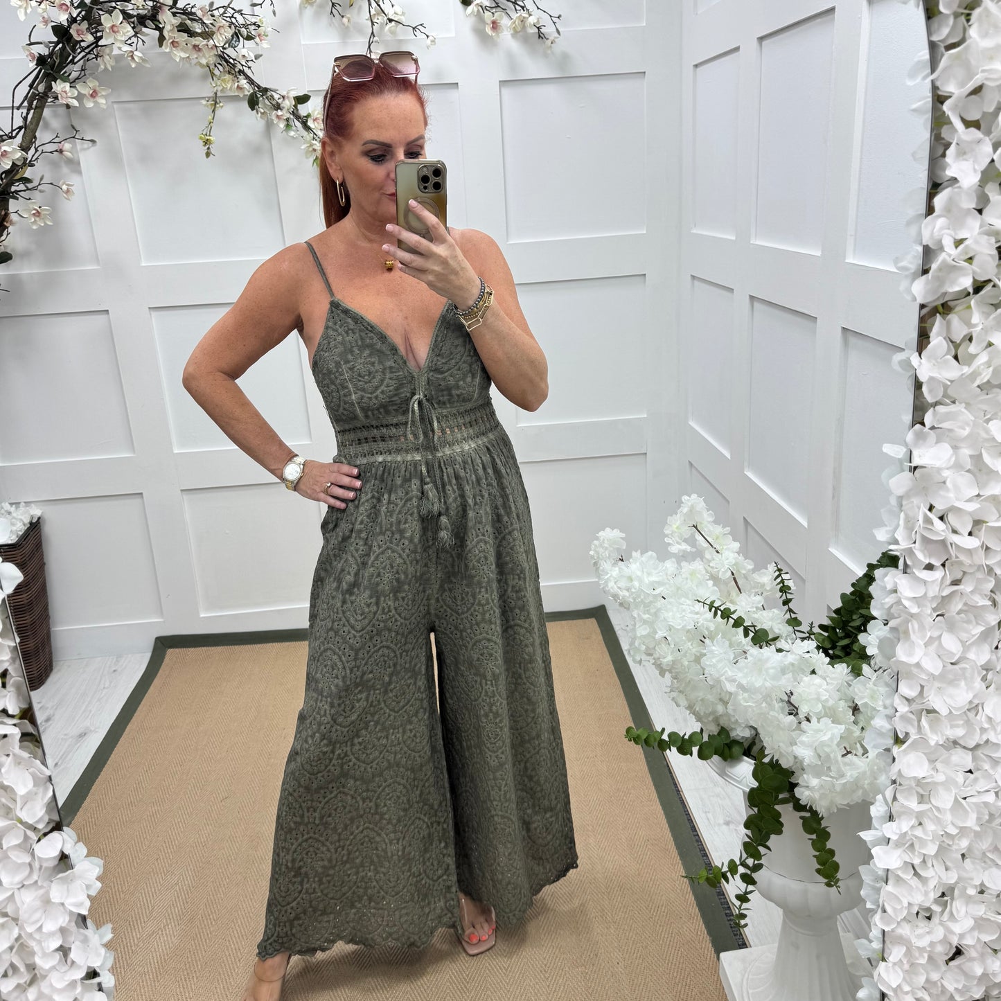 Bria: Khaki broderie Anglaise strappy jumpsuit. One size: 10-14