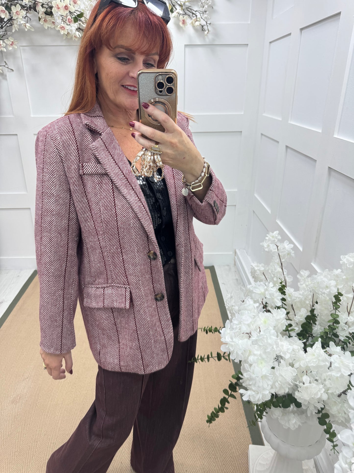Bernie: Burgundy herringbone tweed blazer. One size: 12-16