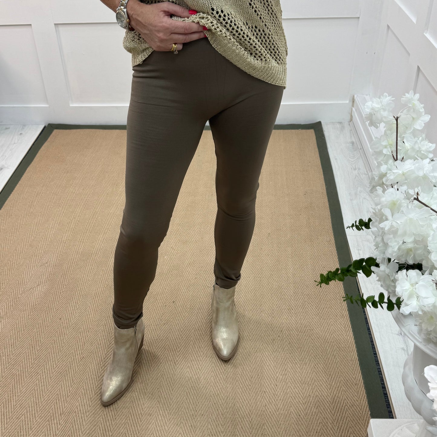 Lorie: Taupe stretchy high waist leggings. One Size 12-20