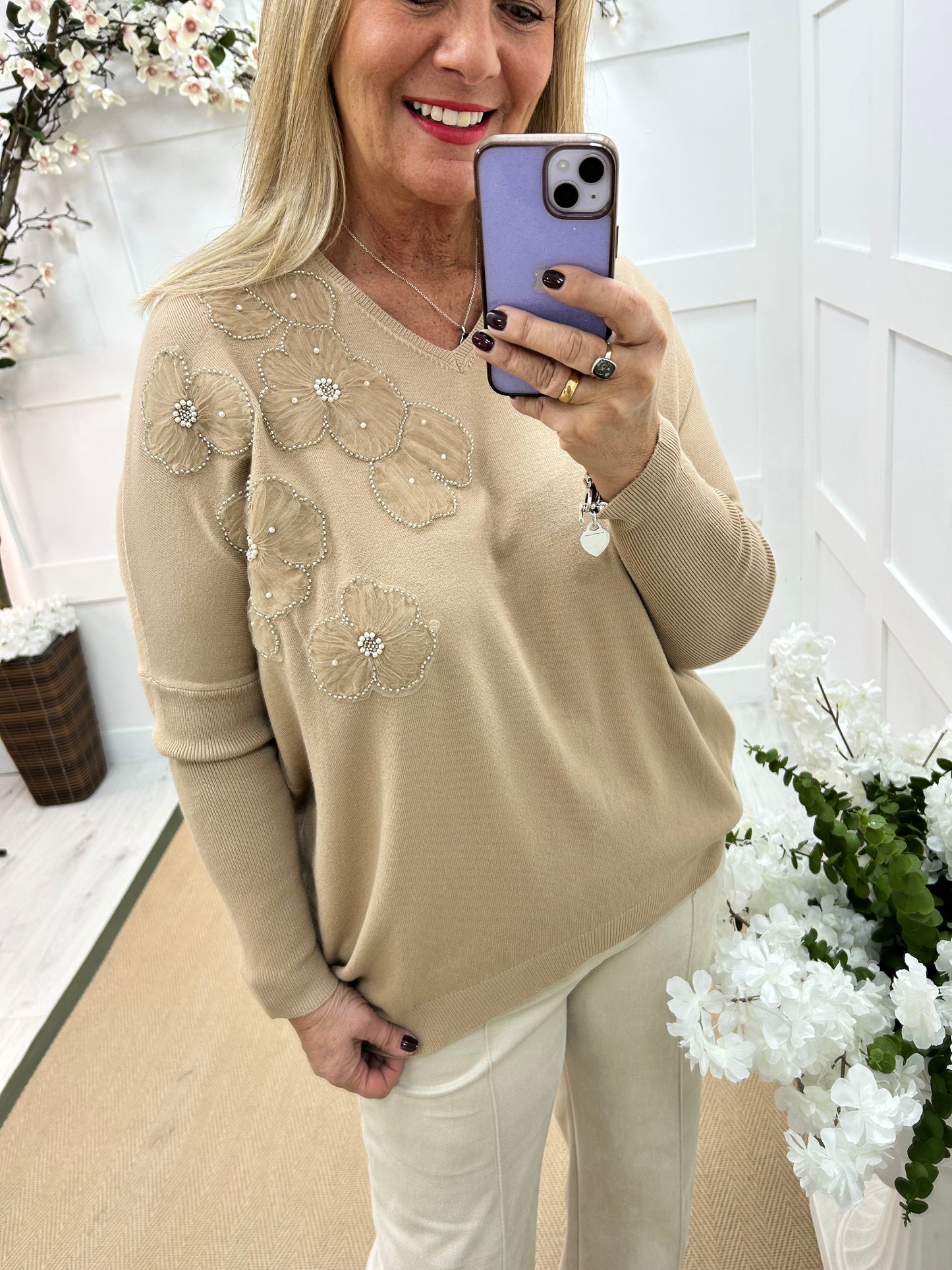 Claudia: Sand longline floral detail knit. One size: 14-20