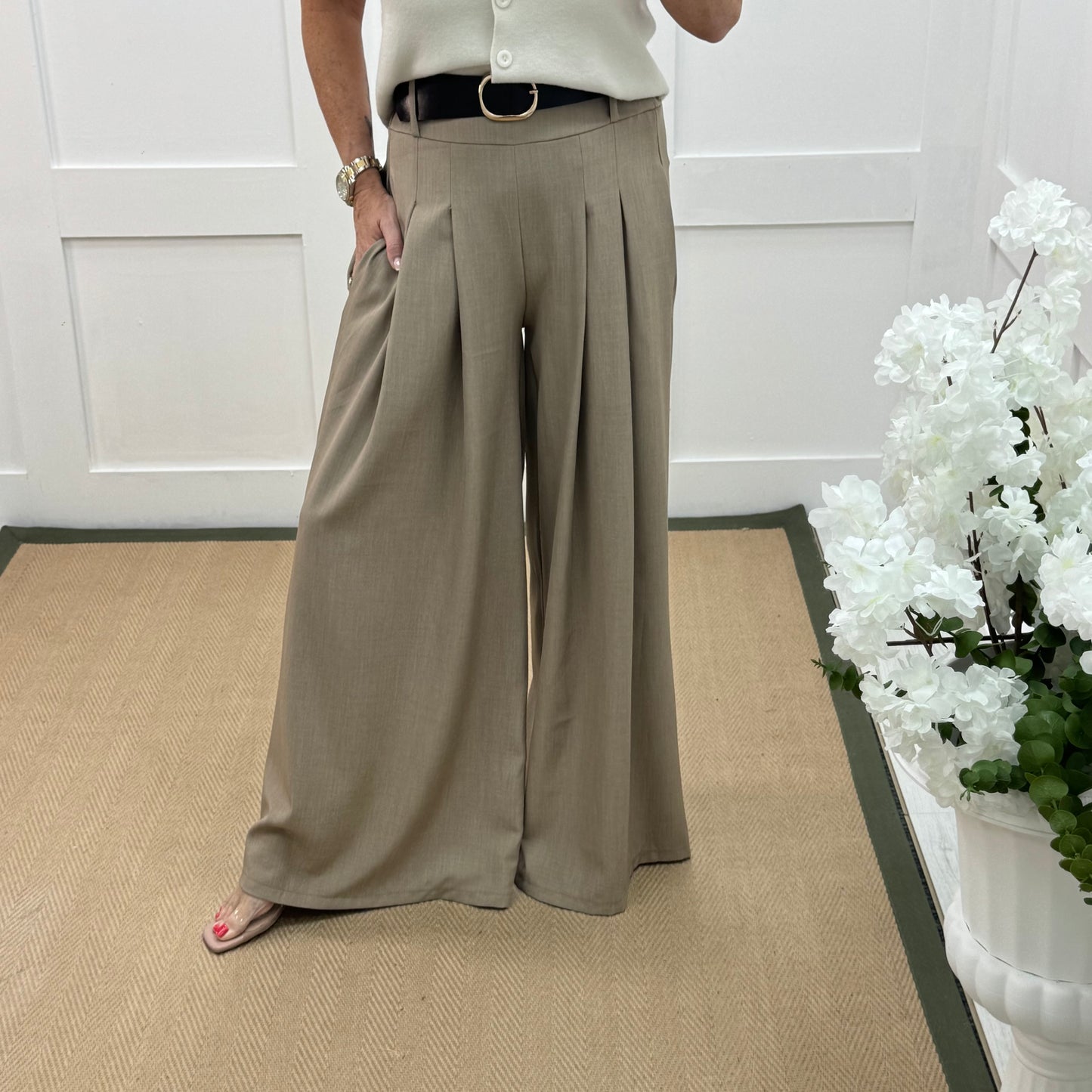 Zina: Taupe pocket wide leg trousers. One size: 8-14