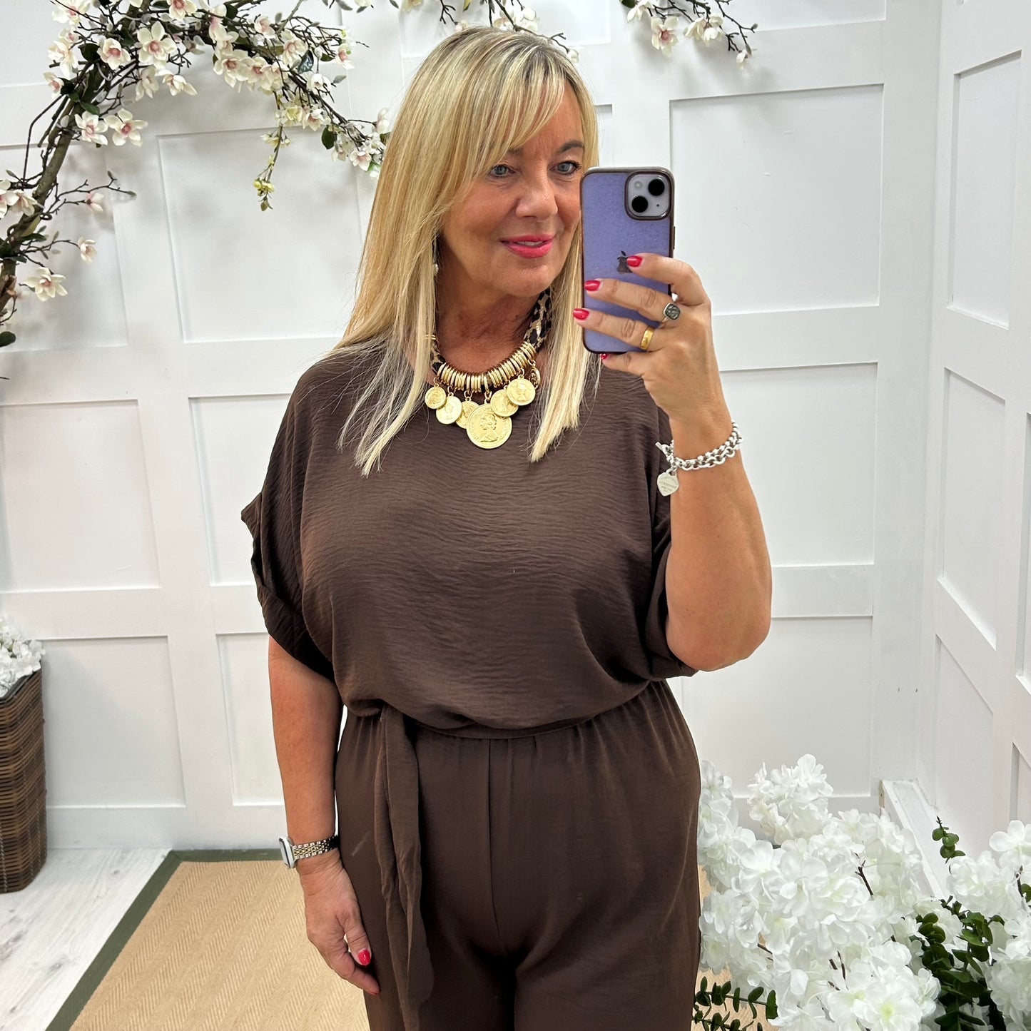 Jessica: Brown wide leg jumpsuit. One size: 14-18
