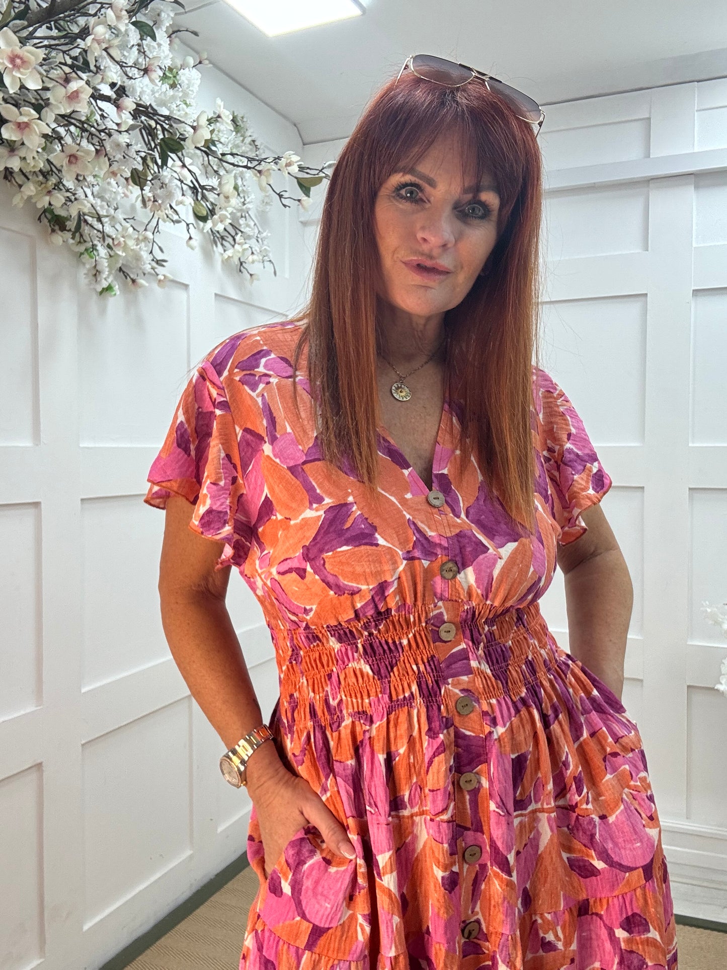 Pippa: Pink & orange stretchy V neck midi dress. One size: 10-18