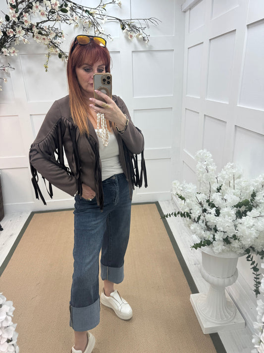 Heidi: Brown short suede fringe jacket. One size: 8-14
