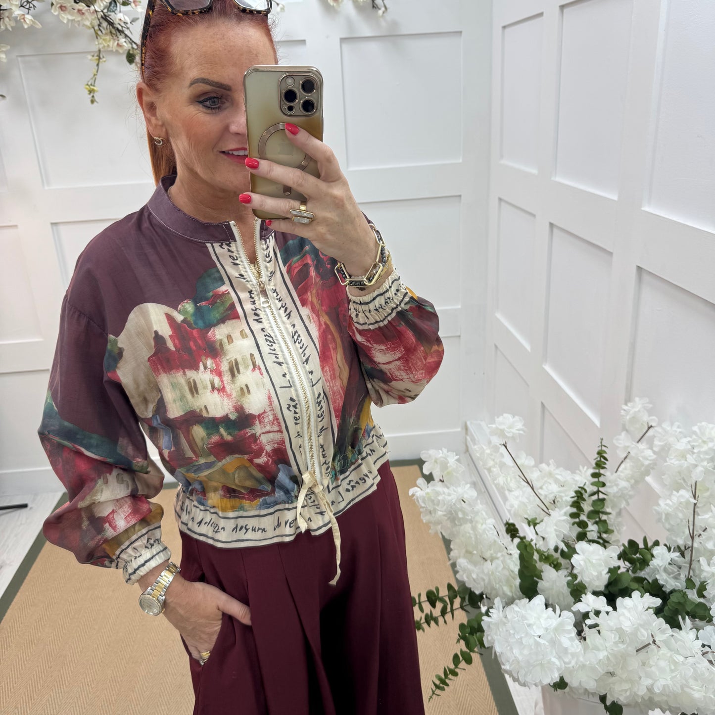 Steph: Silky burgundy Amalfi printed bomber jacket. One size: 8-18