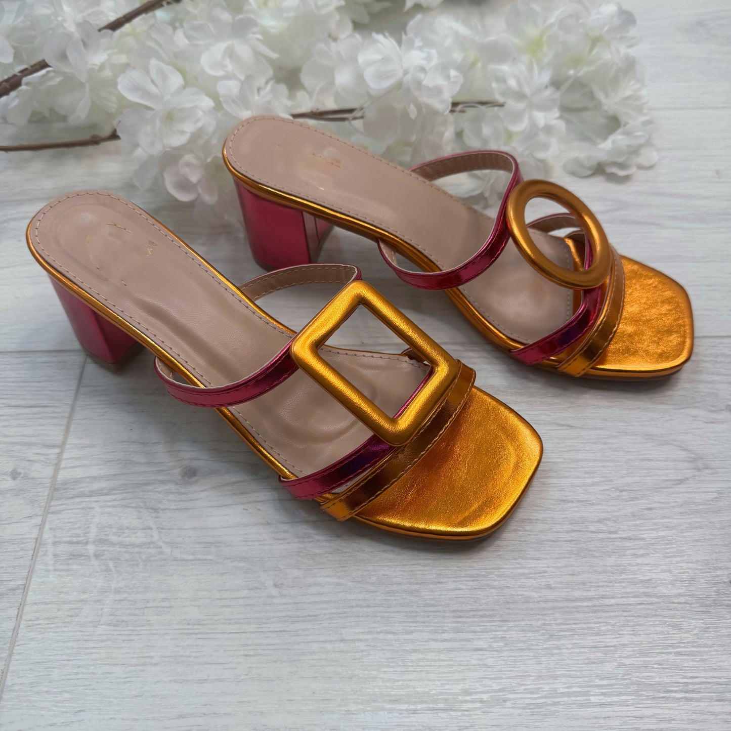 Rosa: Metallic pink & orange large buckle sandals. Sizes: 3-8