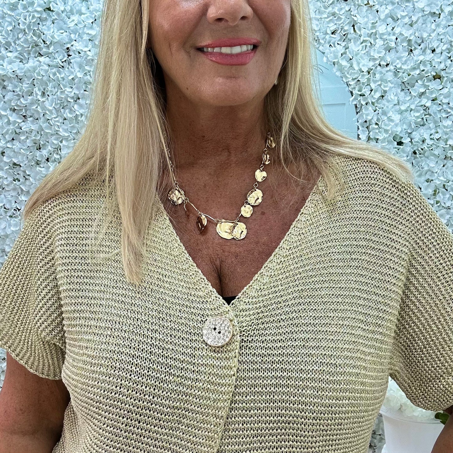 Rhoda: Gold asymmetrical cardigan. One size: 12-18