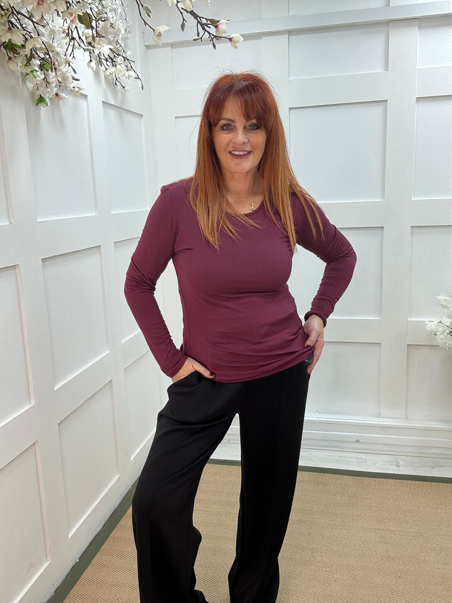 Bessie: Burgundy basic long sleeve top. One size: 10-16/18