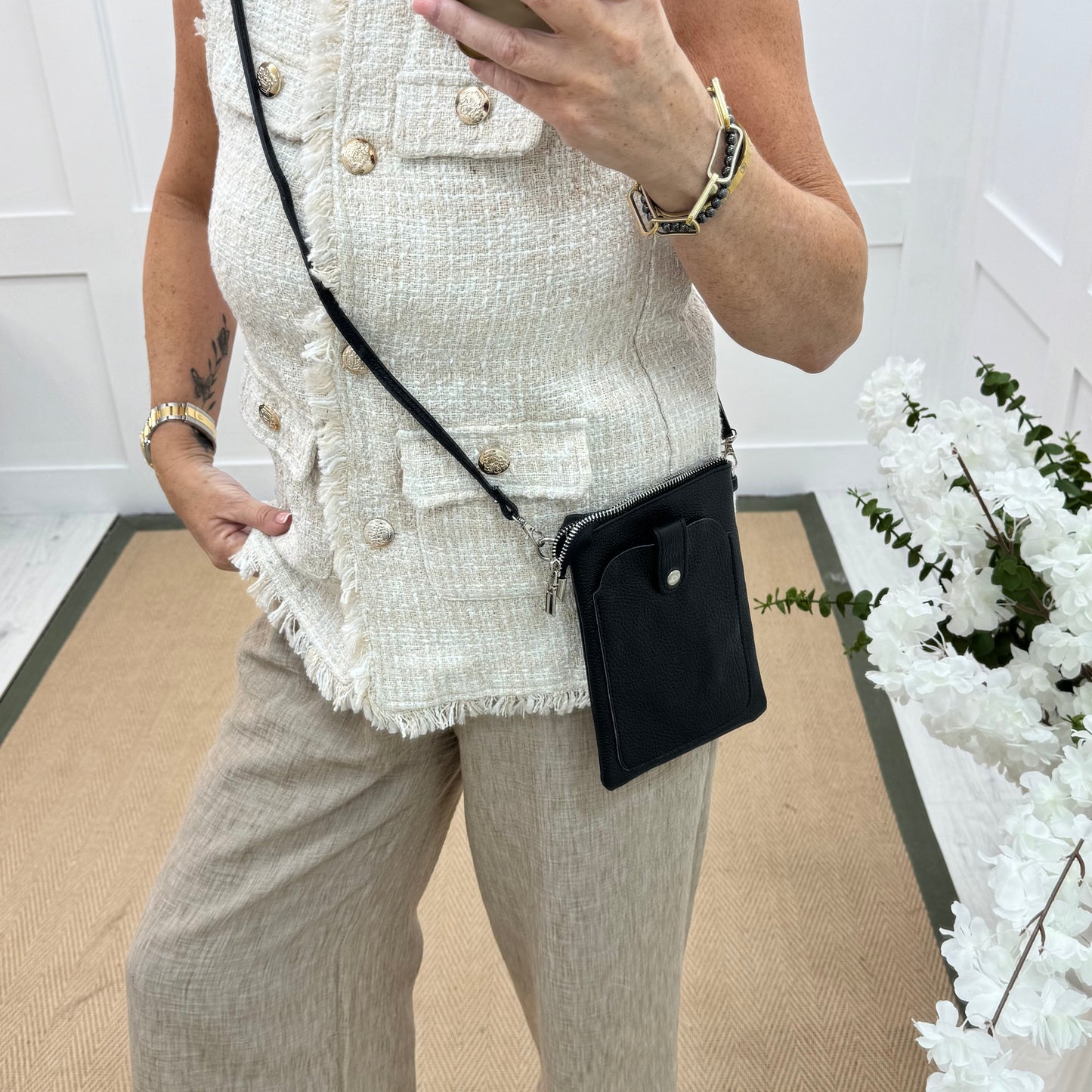 Petra: Black Italian leather phone cross body bag