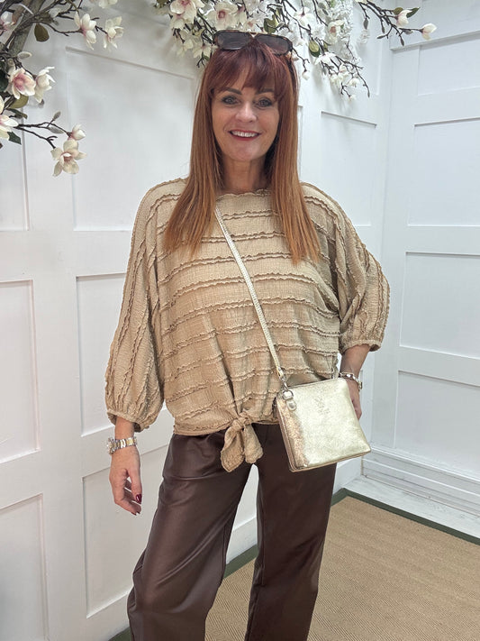 Dorita: Sand ruffle & tie top. One size 12-16
