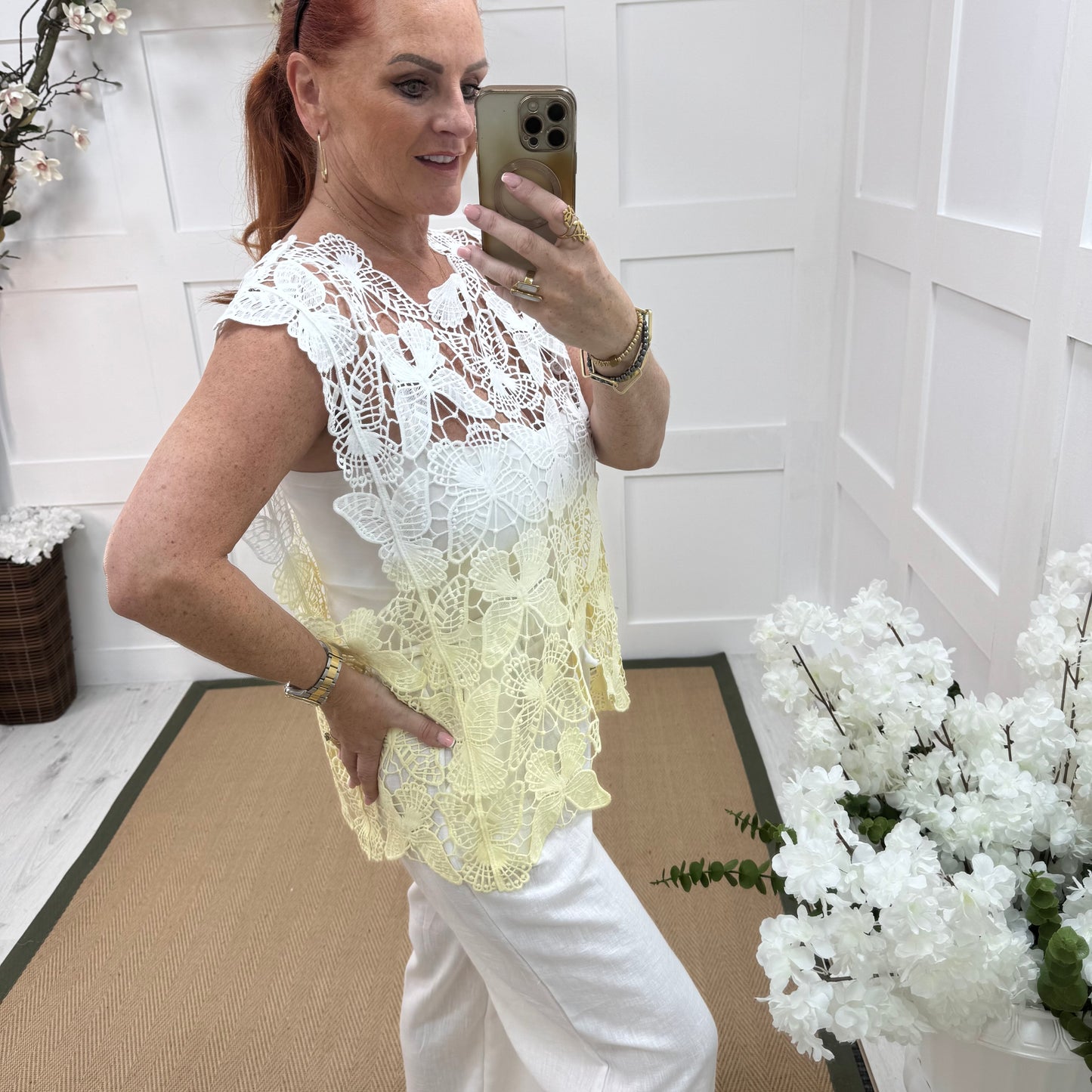 Nancy: White & lemon ombre lace top. One size: 14-18