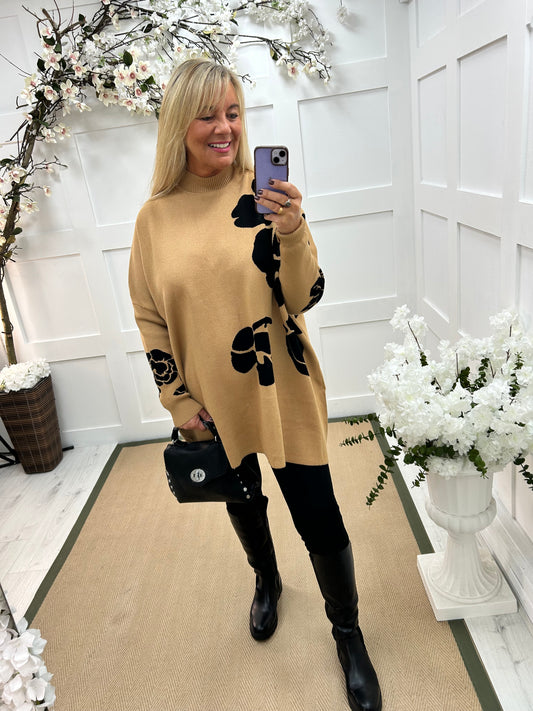 Esther: Camel oversized longline knit top. One Sz: 16-24