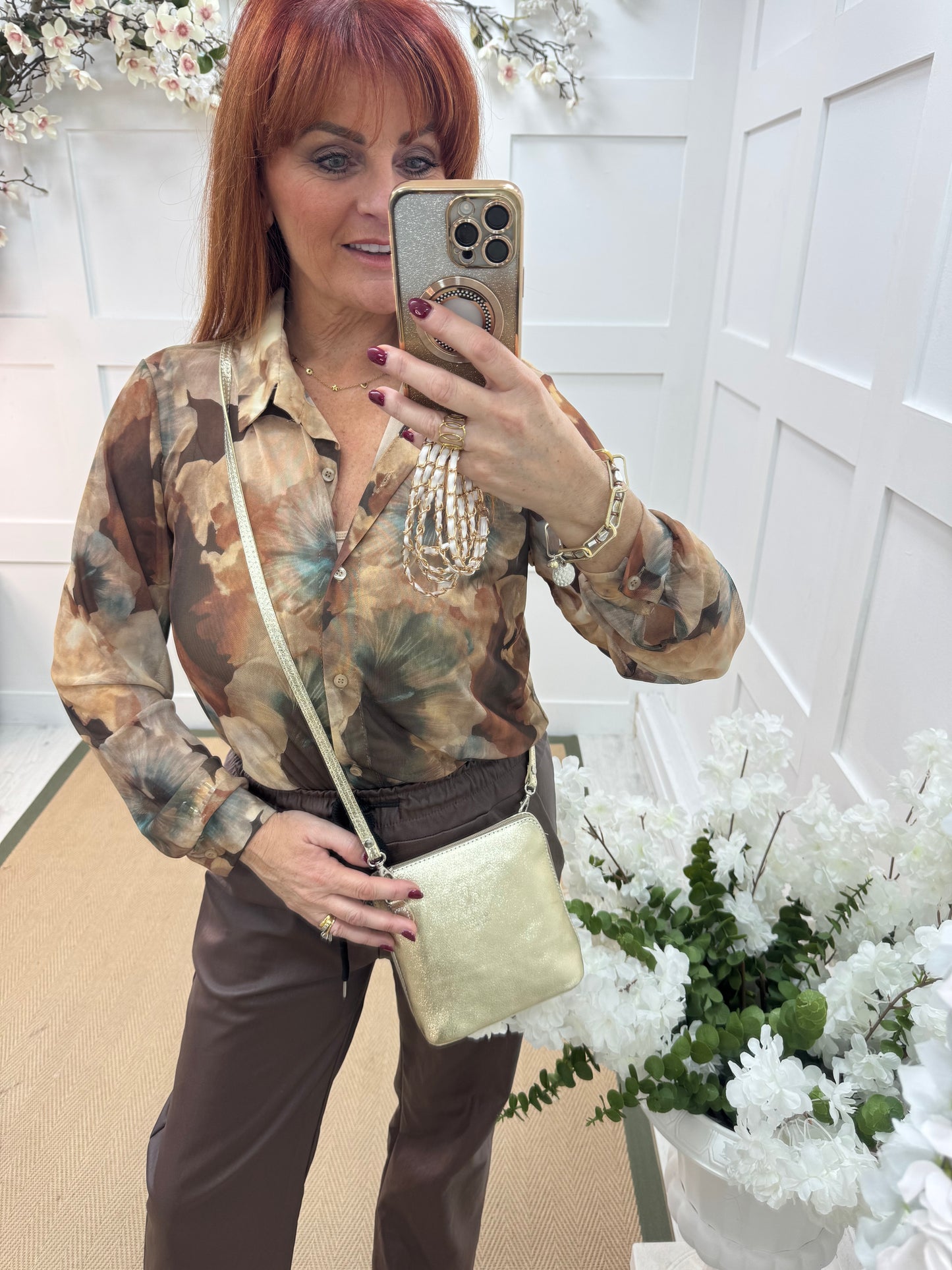 Rosario: Brown floral mesh shirt. One Sz: 10-16