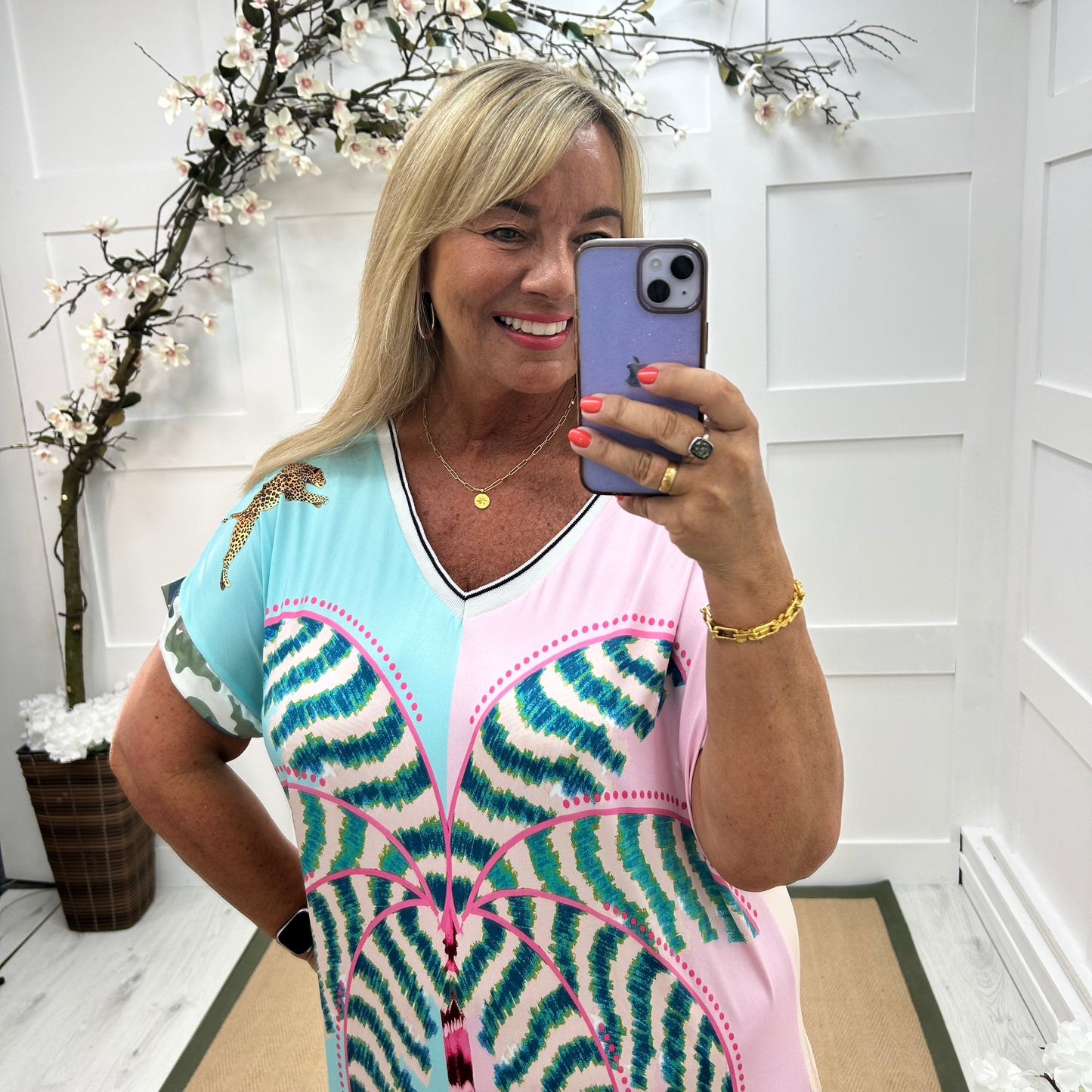 Palma: Multicoloured slinky palm tree maxi dress. One Size: 16-20
