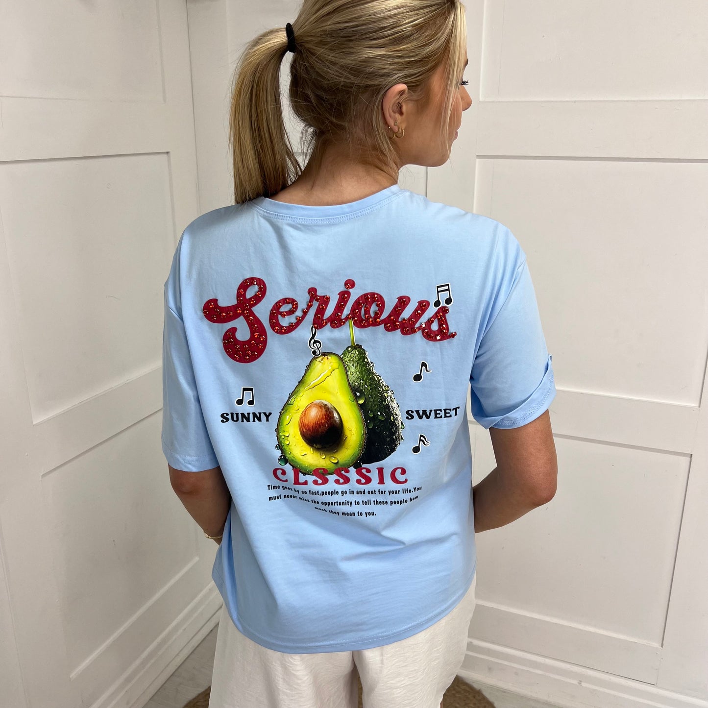 April: Blue rhinestone avocado T shirt. 2 sizes
