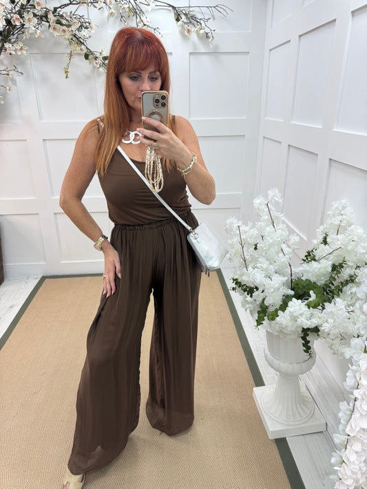 Venice: Brown silk wide leg trousers. One size: 12-20