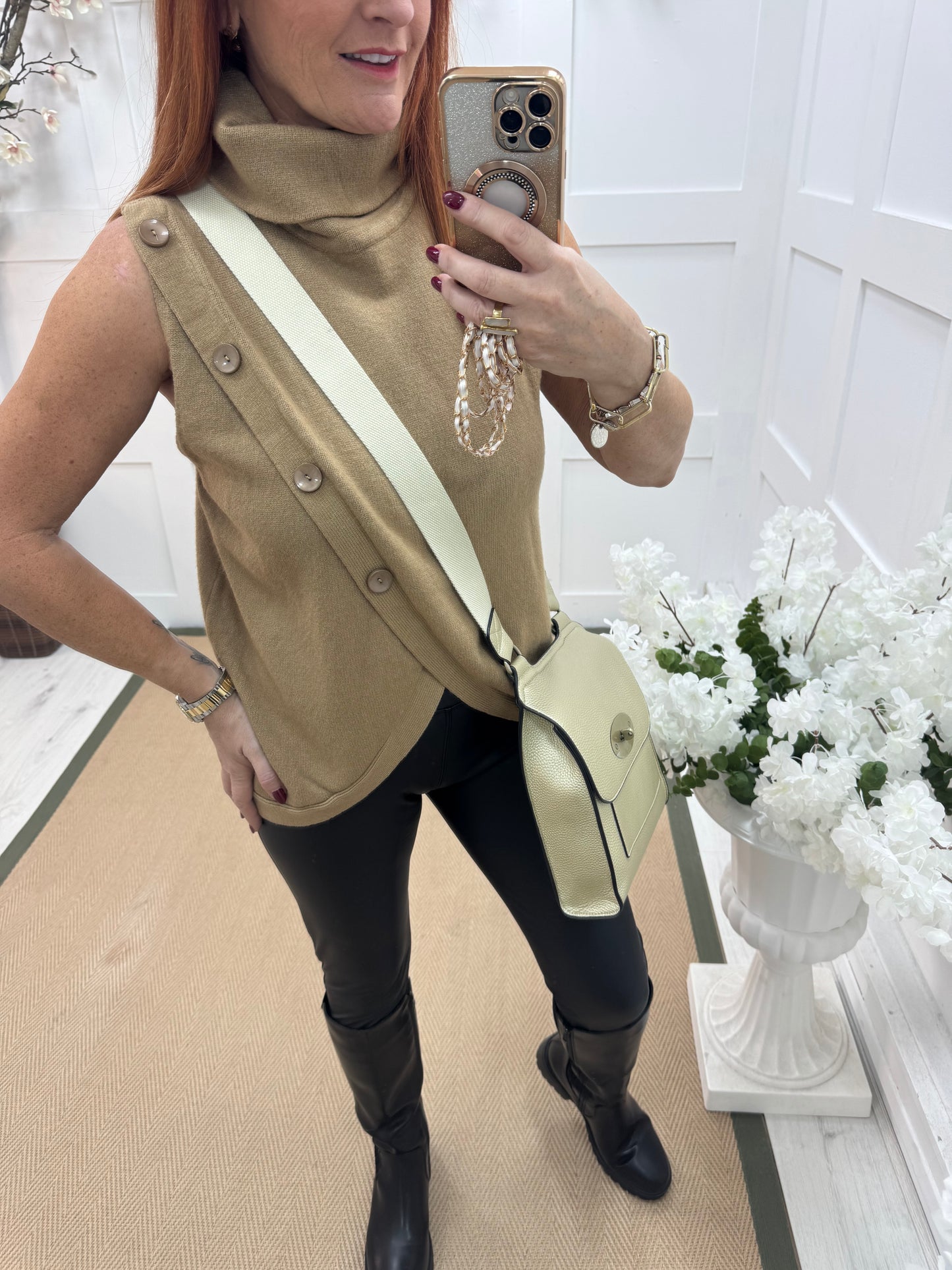 Viola: Sand sleeveless cowl neck wrap top. One Sz: 10-16