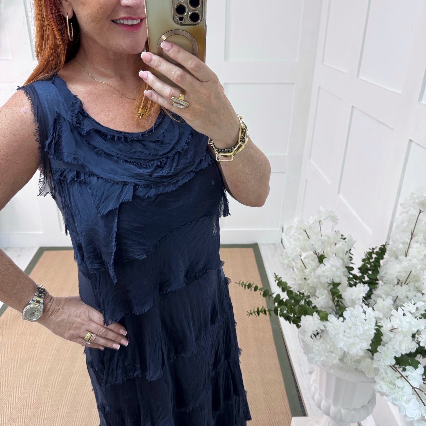 Alexa: Navy silk layered ruffle dress. One size: 14-18