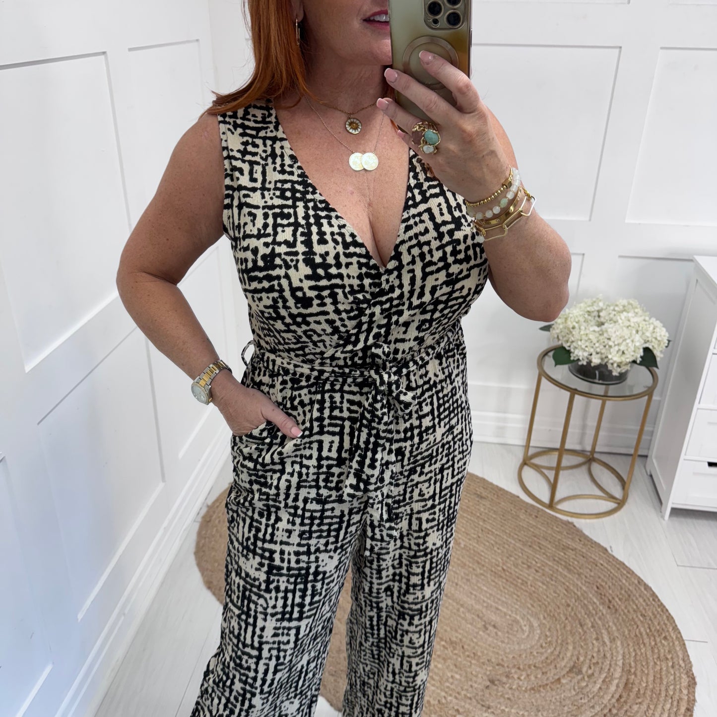 Nina: Black & cream wide leg jumpsuit. 3 sizes