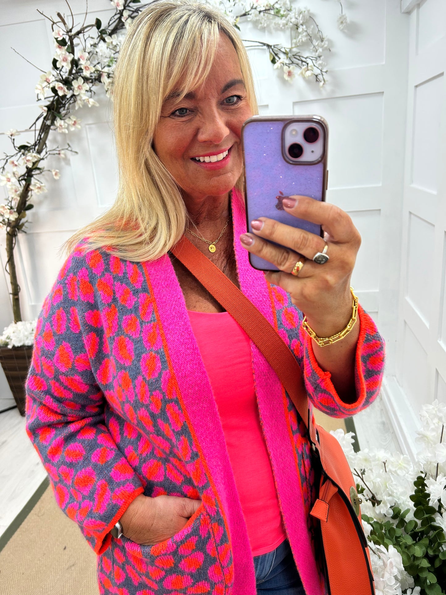 Scarlet: Pink & blue leopard print knit cardigan. One size 10-18