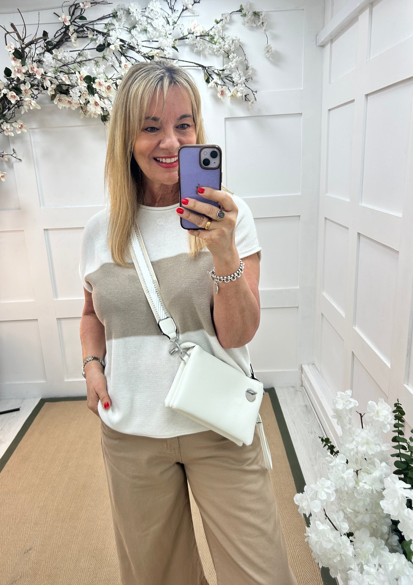 Selma: White & stone block stripe top. One size: 12-18