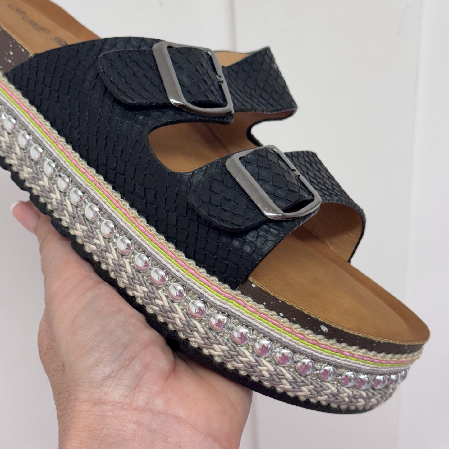 Nadia: Black 2 strap wedge sliders. Sizes: 3-8