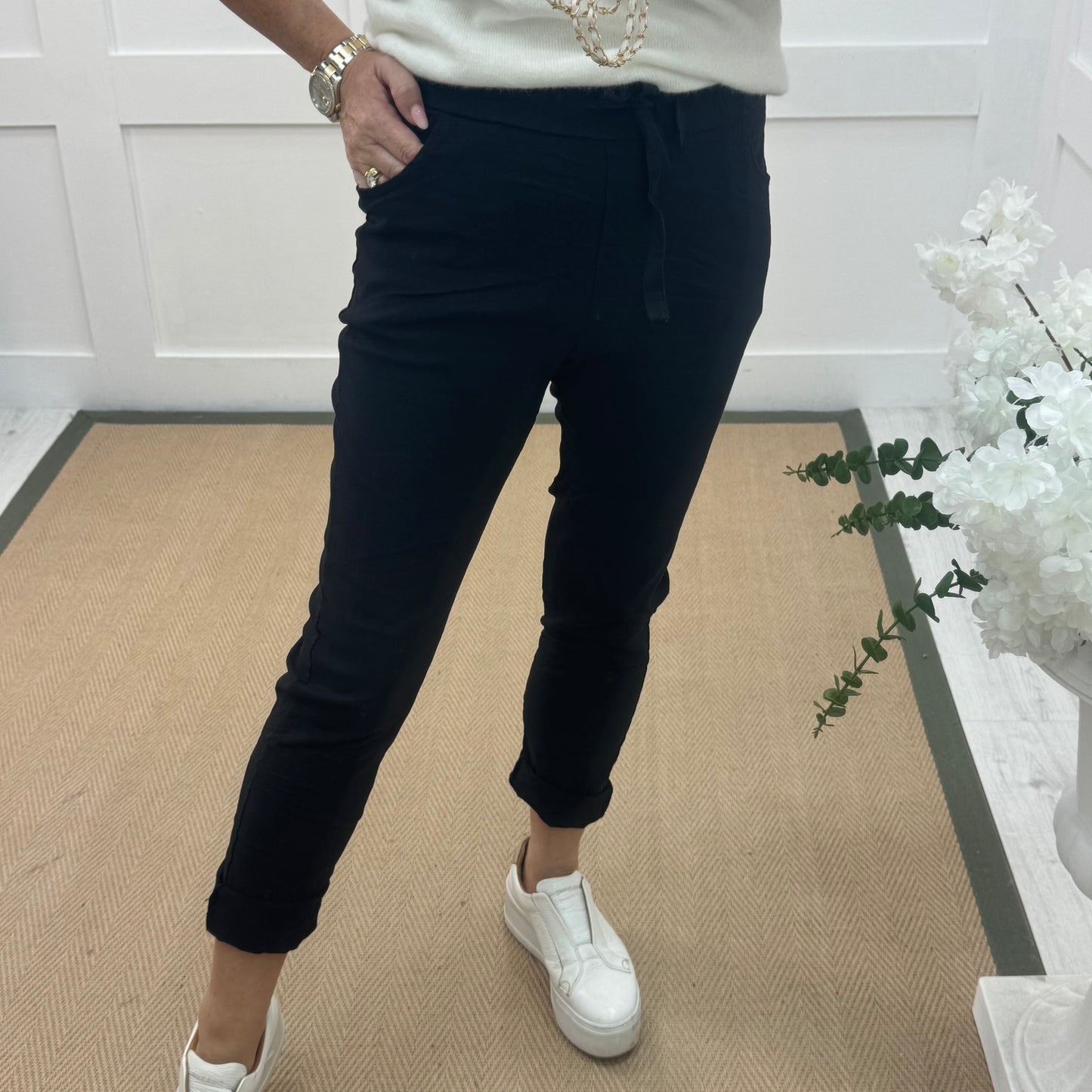 Marnie: Stretchy black magic trousers with rear pockets. 3 Sizes: 10-22