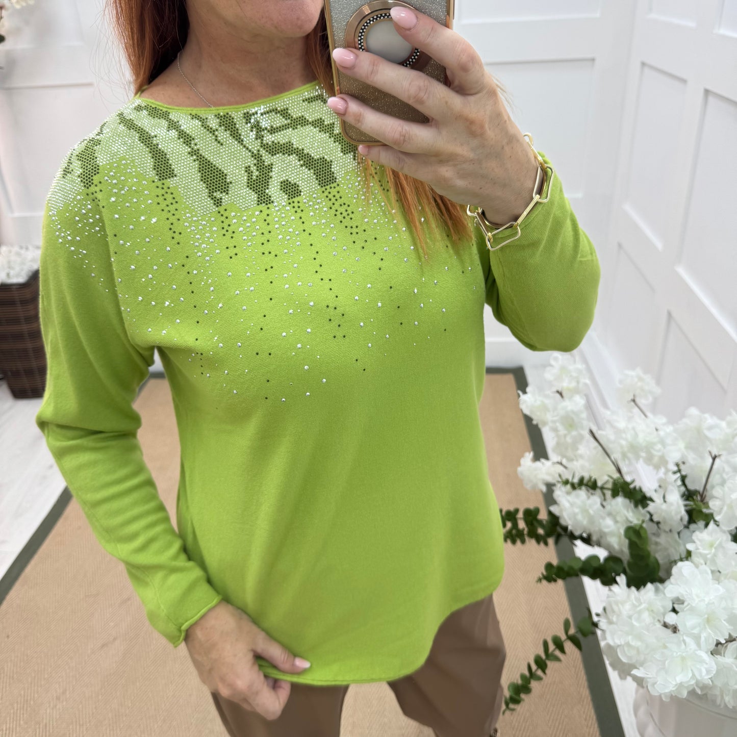 Coco: Lime & diamanté long sleeve knit top. One size: 10-16/18