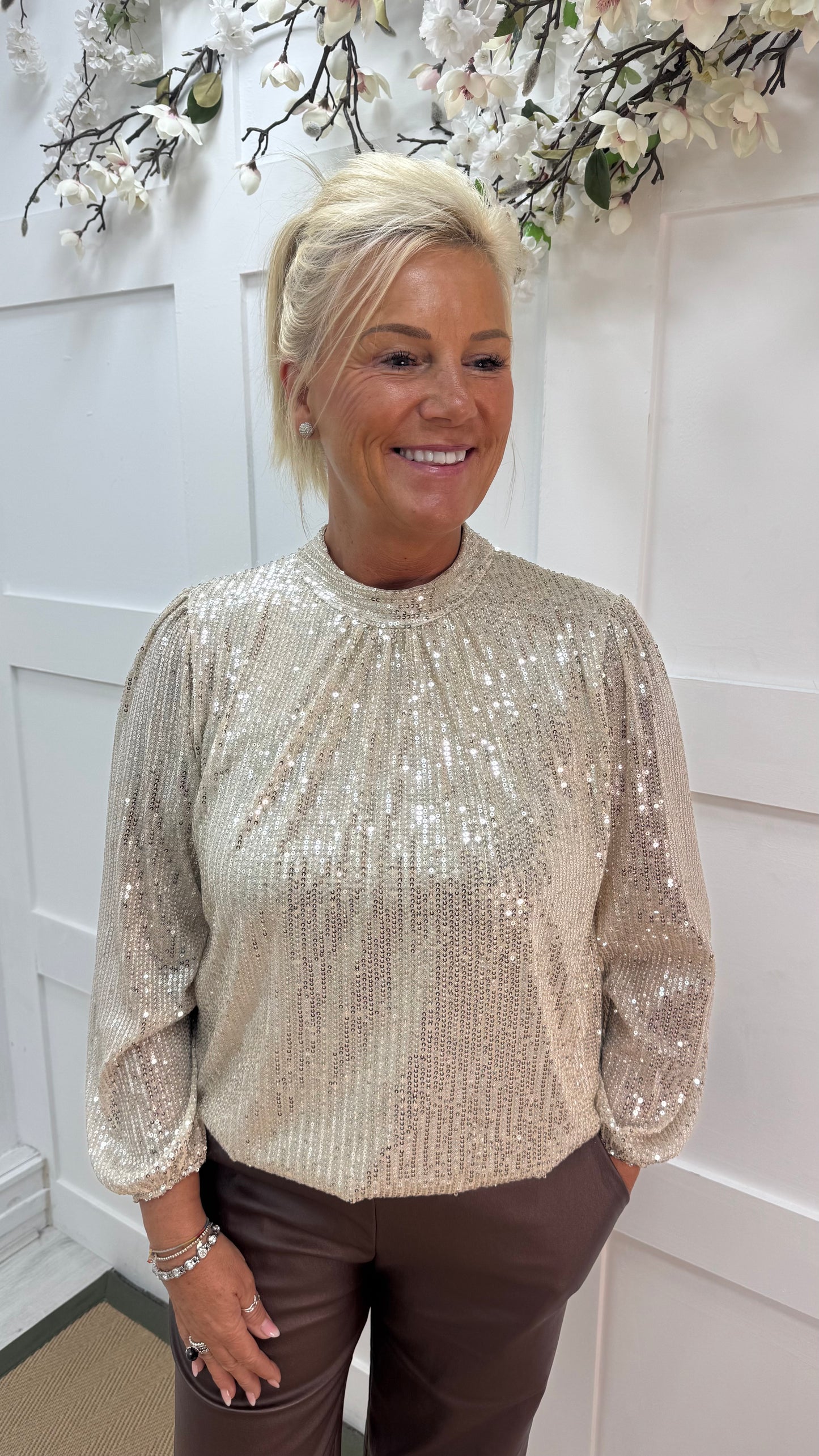 Mia: Champagne/cream high neck sequin top. One size: 10-16