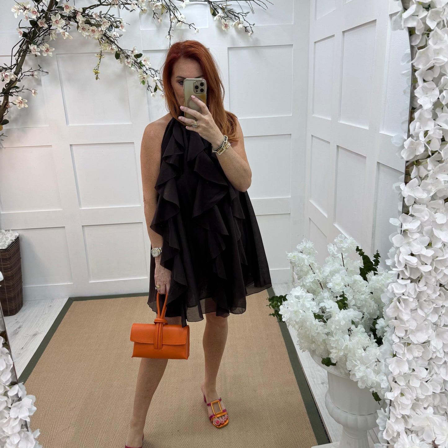 Kiki: Brown ruffle knee length dress. One size 10-16