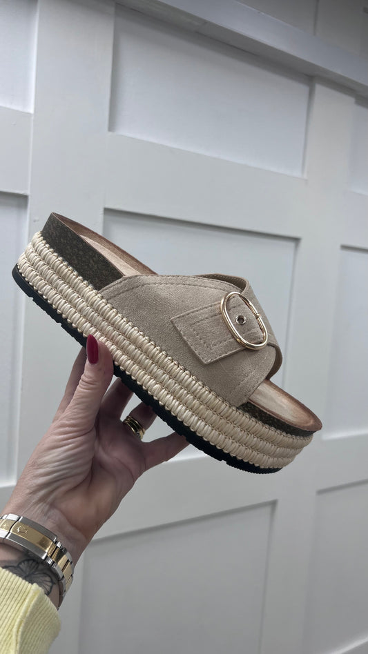 Nadia: Beige gold buckle strap platform sliders. Sizes: 3-8