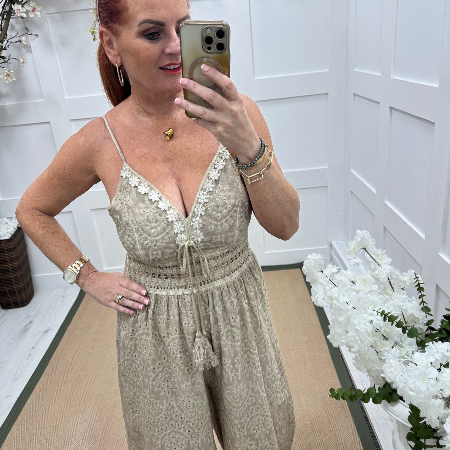 Bria: Stone broderie Anglaise strappy jumpsuit. One size: 10-14