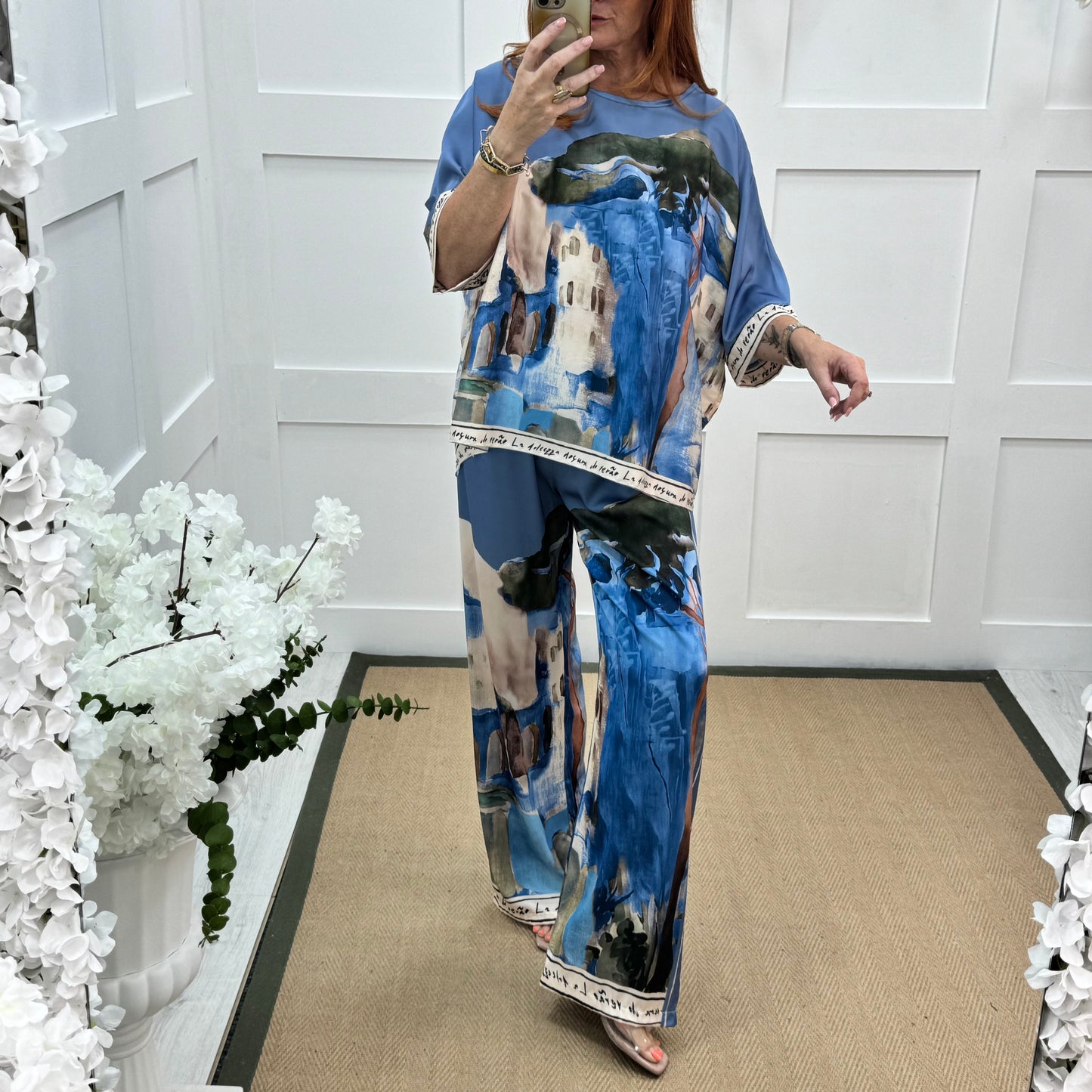 Sophia: Blue silk Amalfi wide leg trousers. One size: 10-16