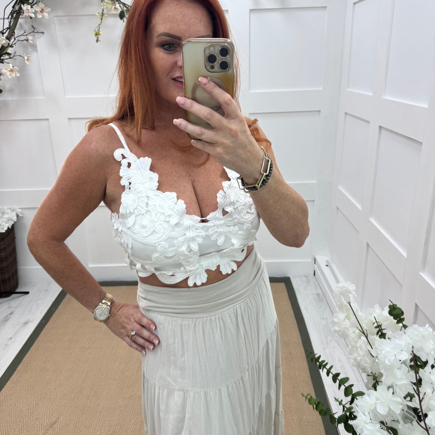 Lacey: White applique crop bralette. One size 8-14